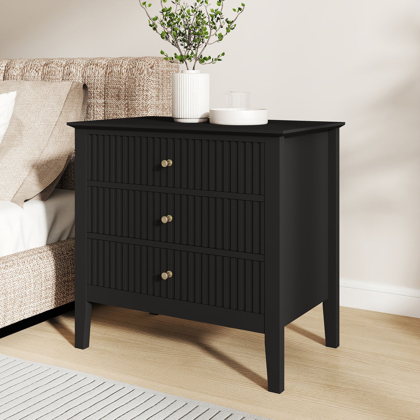 Zara Fluted Wide 3 Drawer Bedside Table - Black