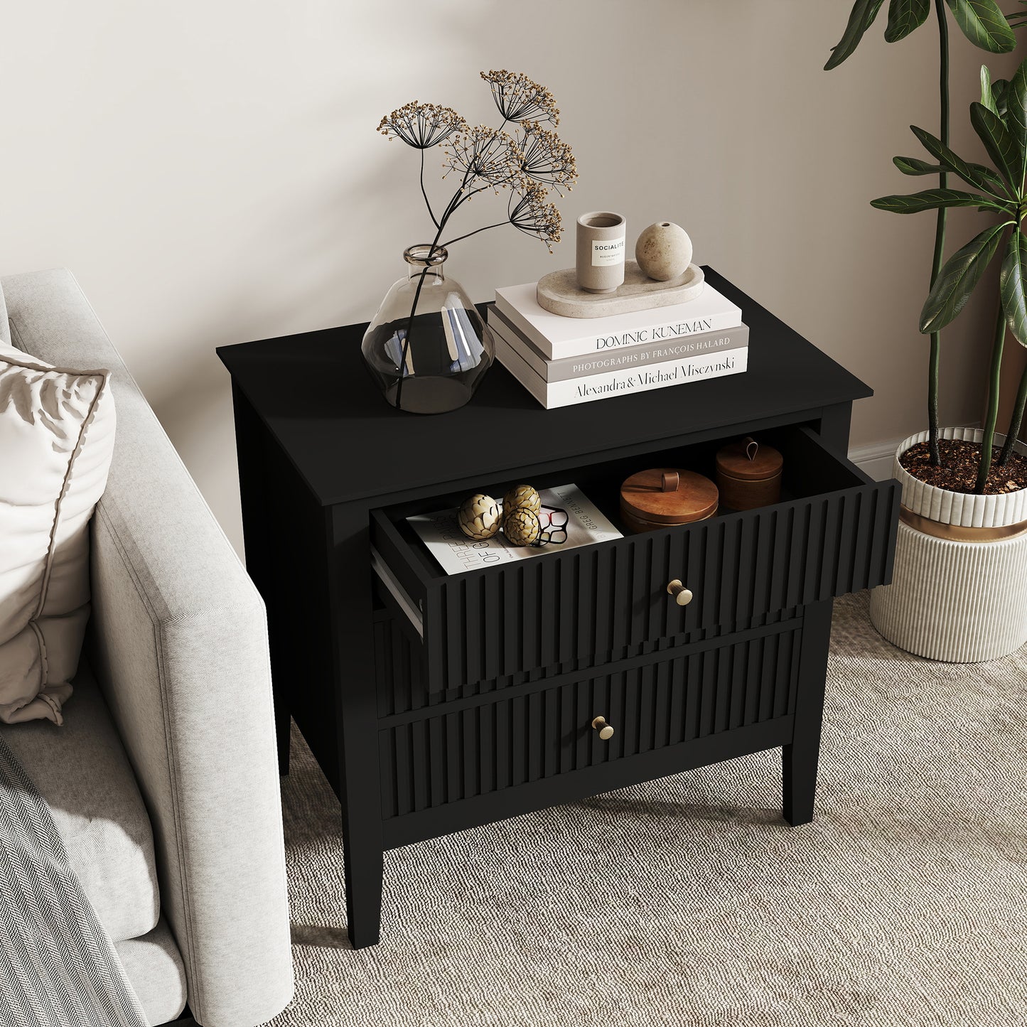 Zara Fluted Wide 3 Drawer Bedside Table - Black