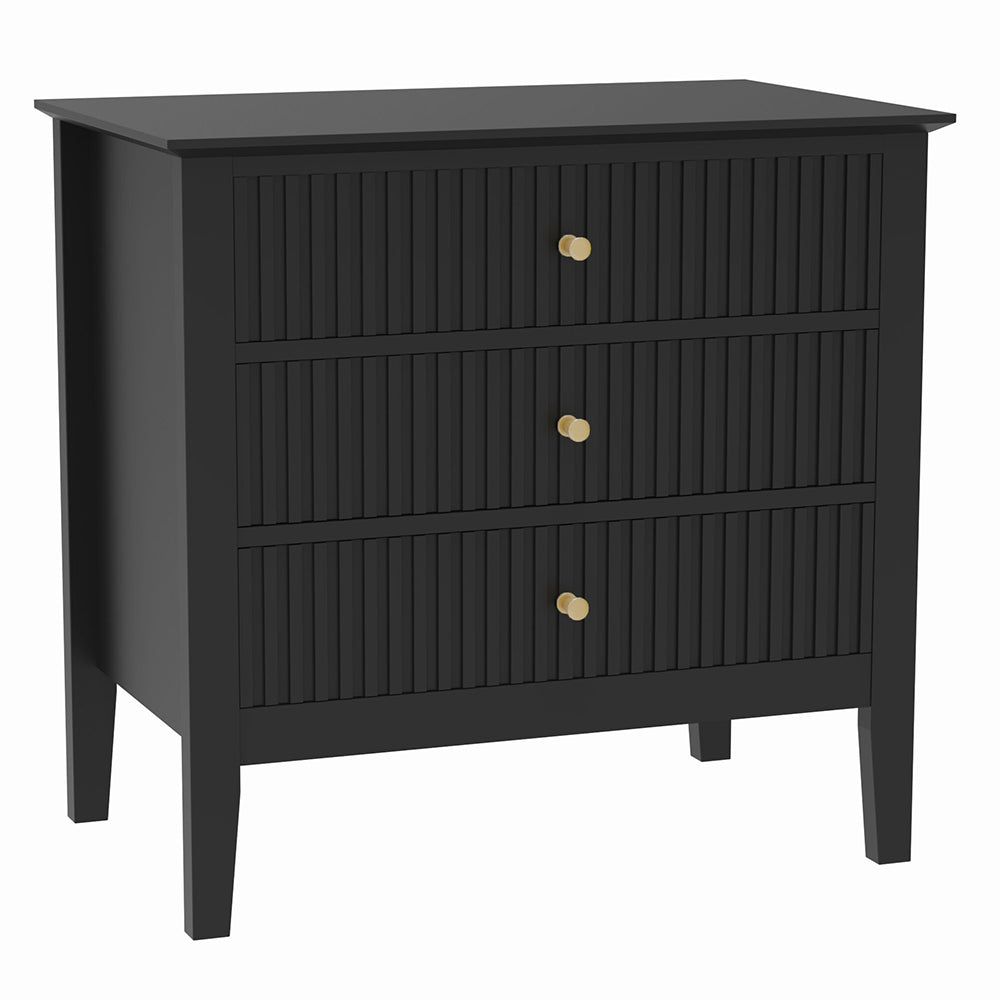 Zara Fluted Wide 3 Drawer Bedside Table - Black