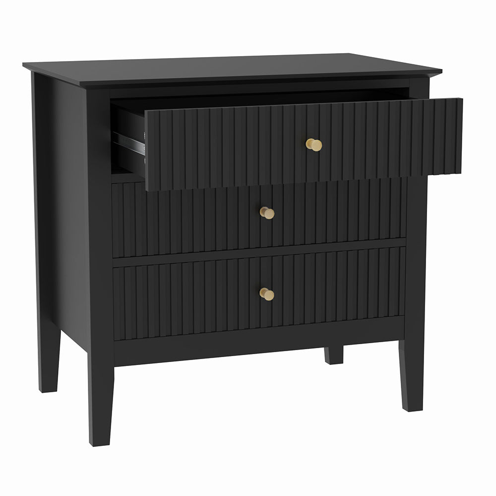 Zara Fluted Wide 3 Drawer Bedside Table - Black
