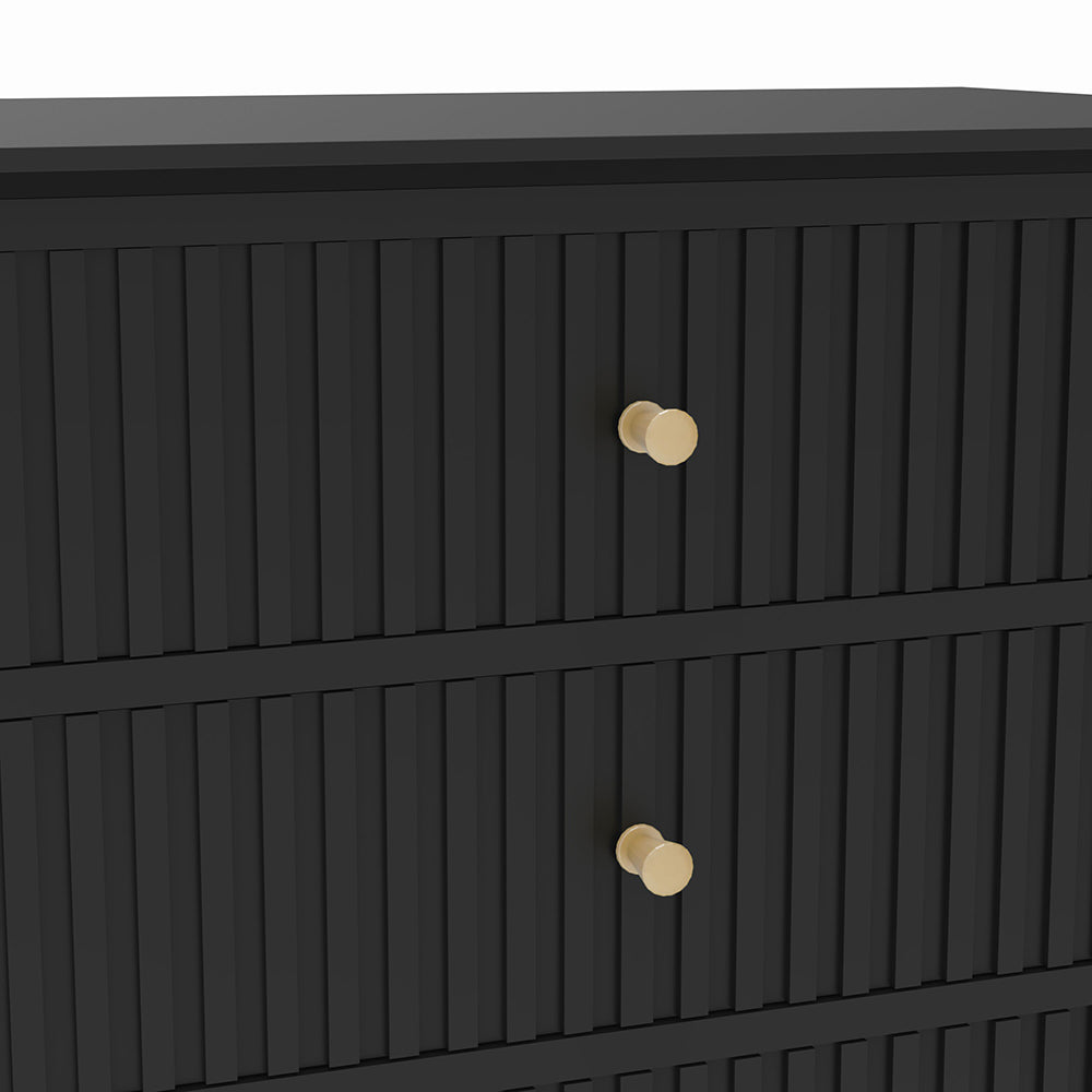 Zara Fluted Wide 3 Drawer Bedside Table - Black