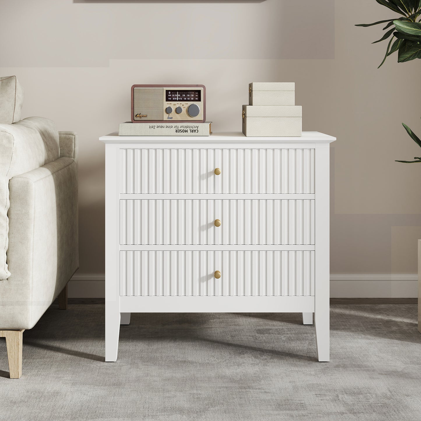 Zara Fluted Wide 3 Drawer Bedside Table - White