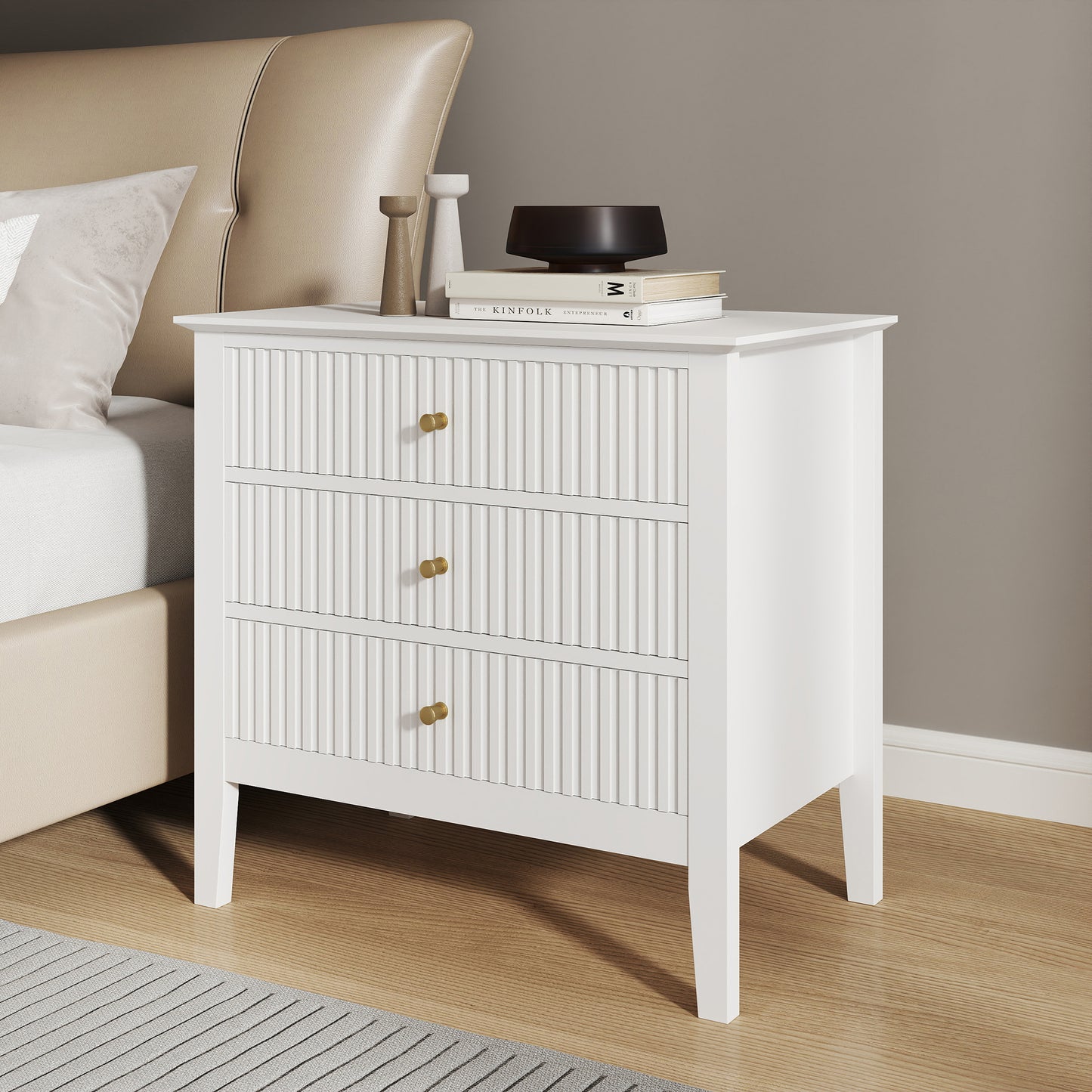 Zara Fluted Wide 3 Drawer Bedside Table - White