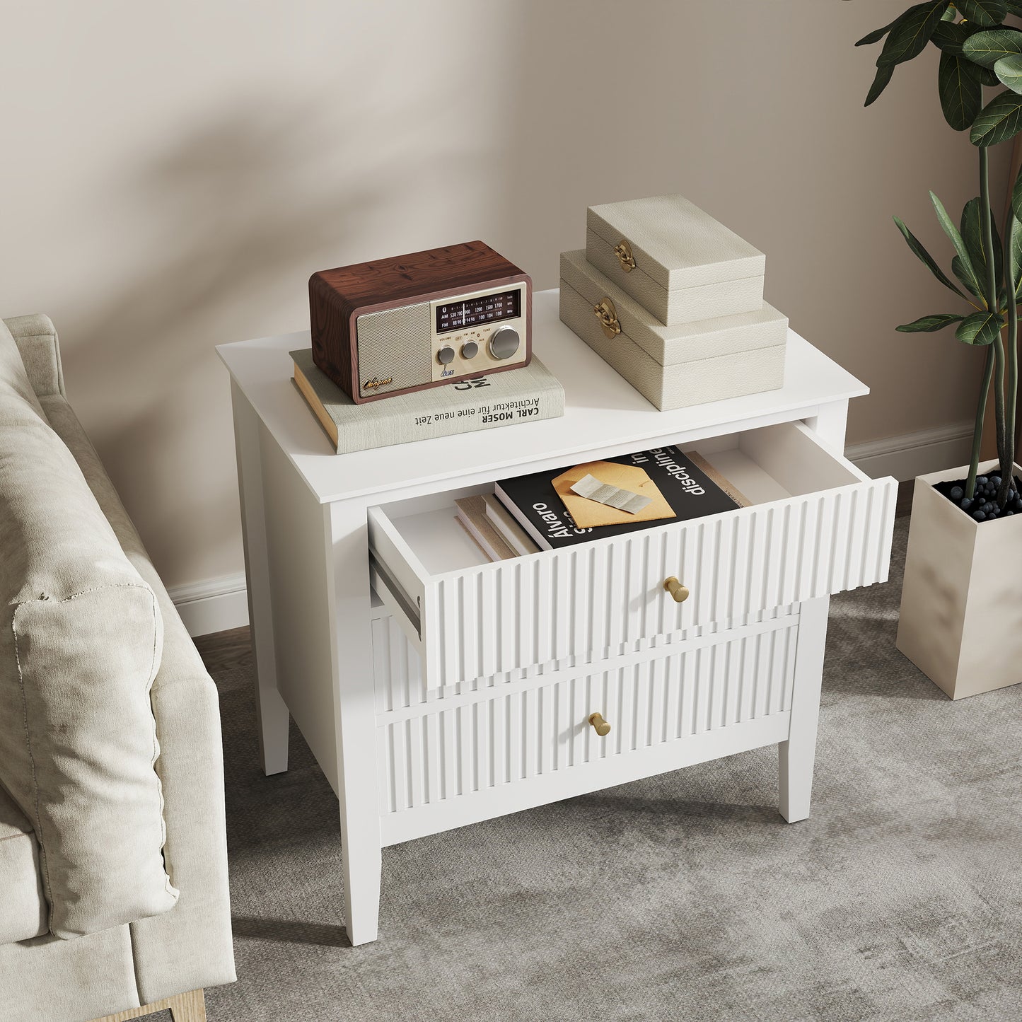 Zara Fluted Wide 3 Drawer Bedside Table - White