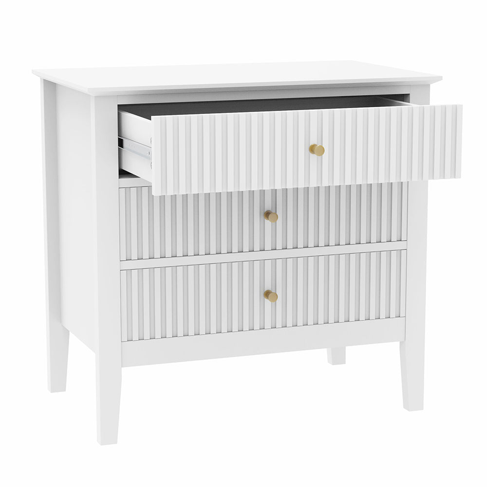Zara Fluted Wide 3 Drawer Bedside Table - White
