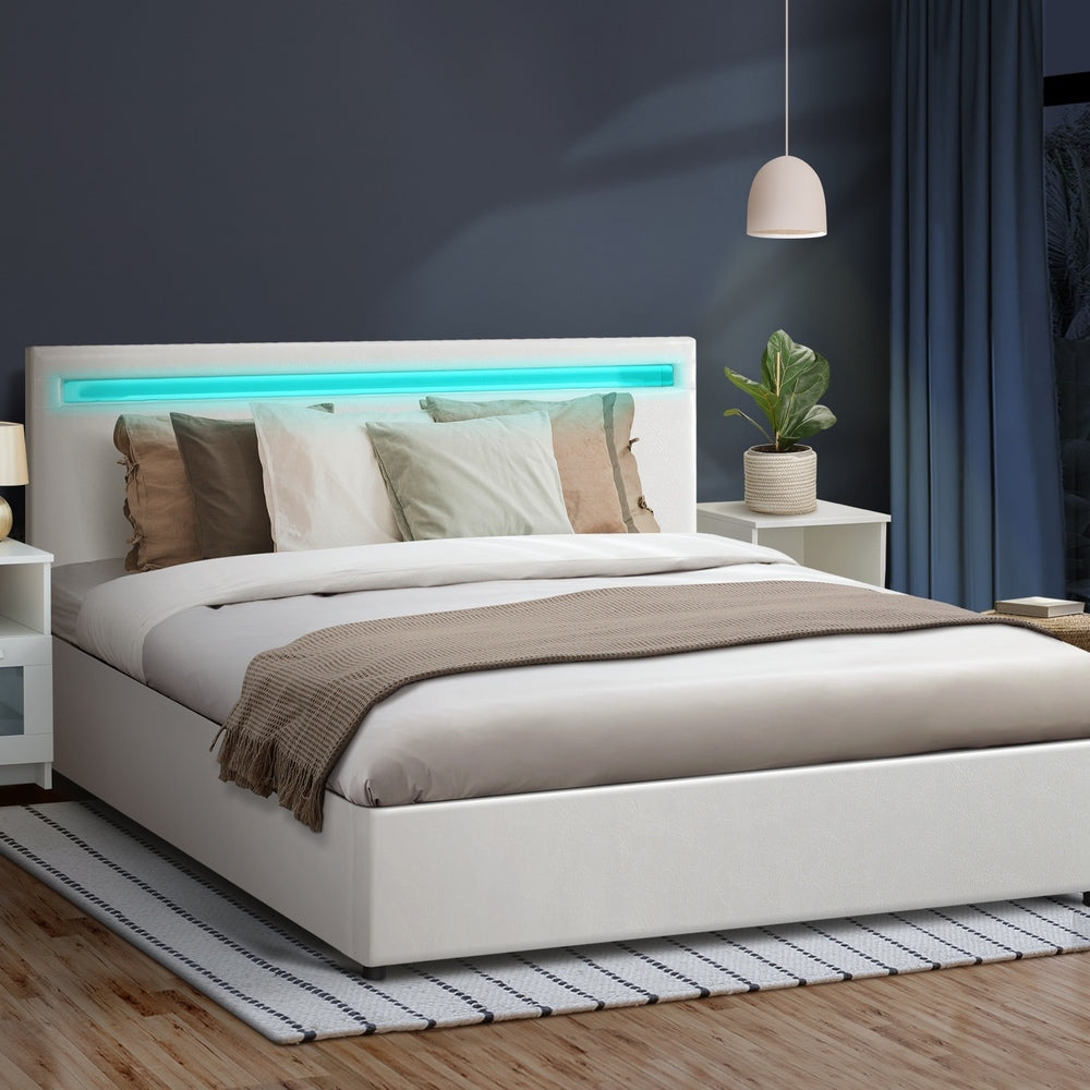 White Colson LED Gas Lift Storage Bed - Double
