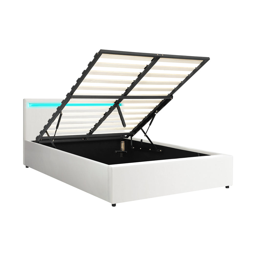 White Colson LED Gas Lift Storage Bed - Double