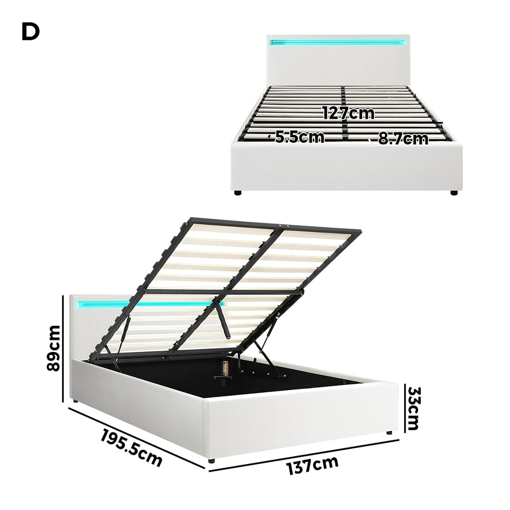 White Colson LED Gas Lift Storage Bed - Double