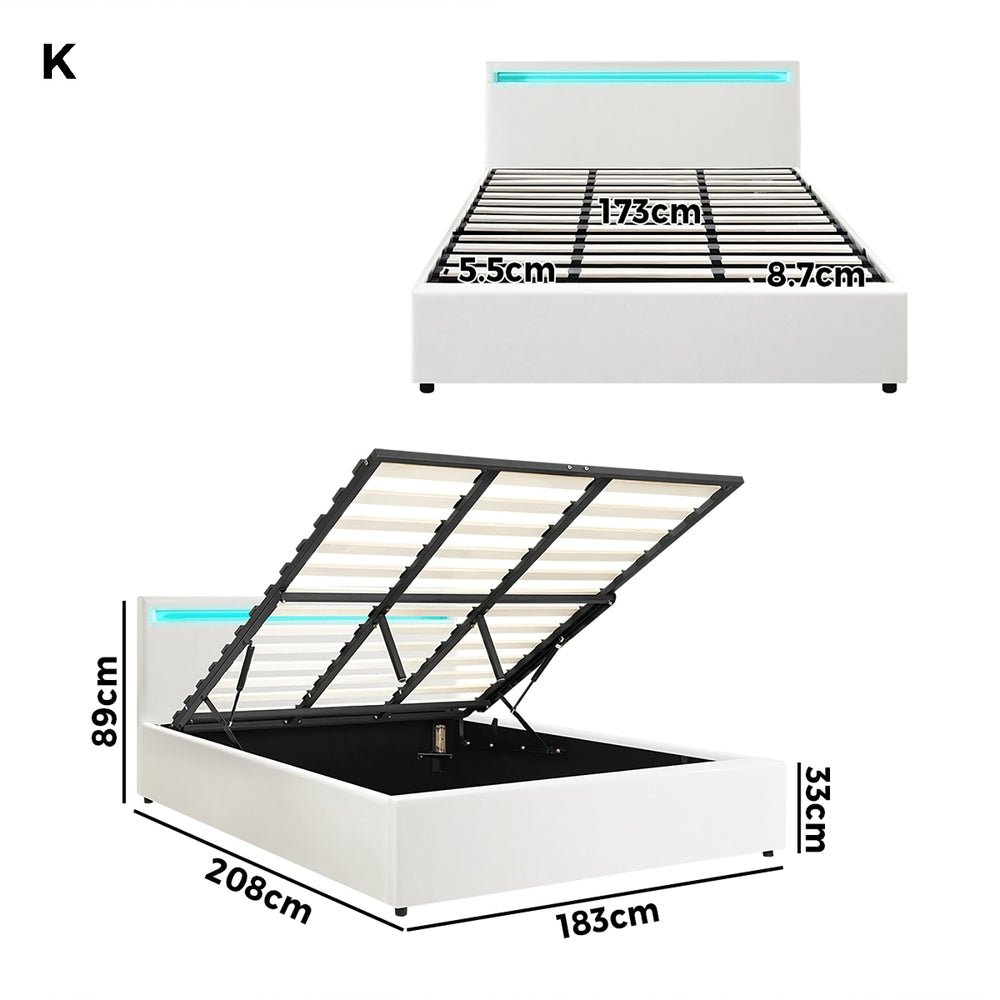 White Colson LED Gas Lift Storage Bed - King