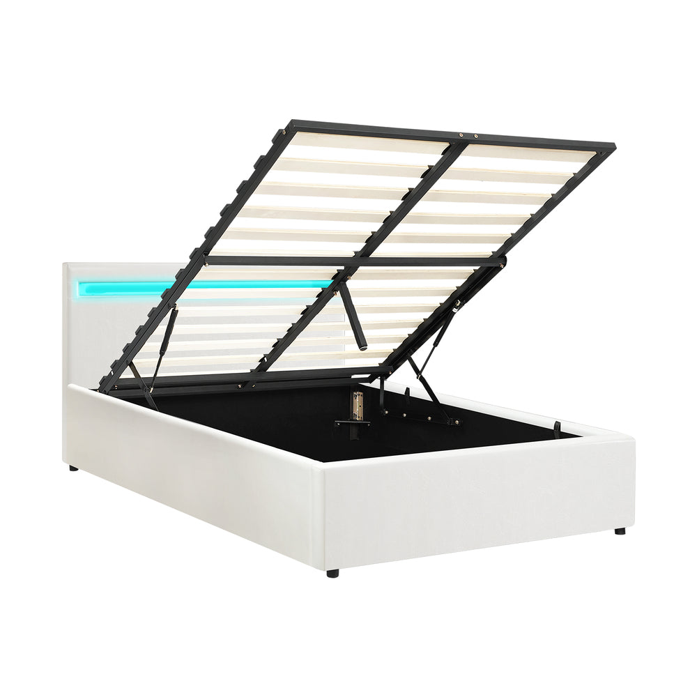 White Colson LED Gas Lift Storage Bed - King Single
