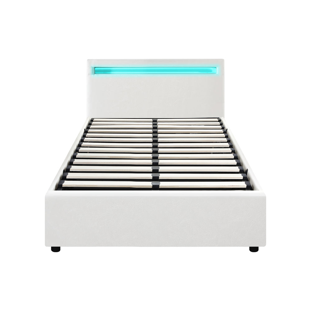 White Colson LED Gas Lift Storage Bed - King Single