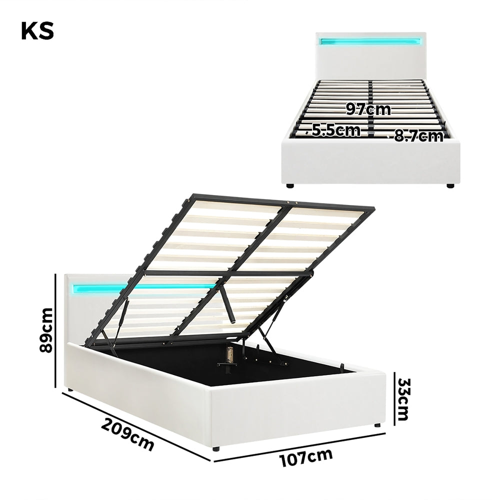 White Colson LED Gas Lift Storage Bed - King Single