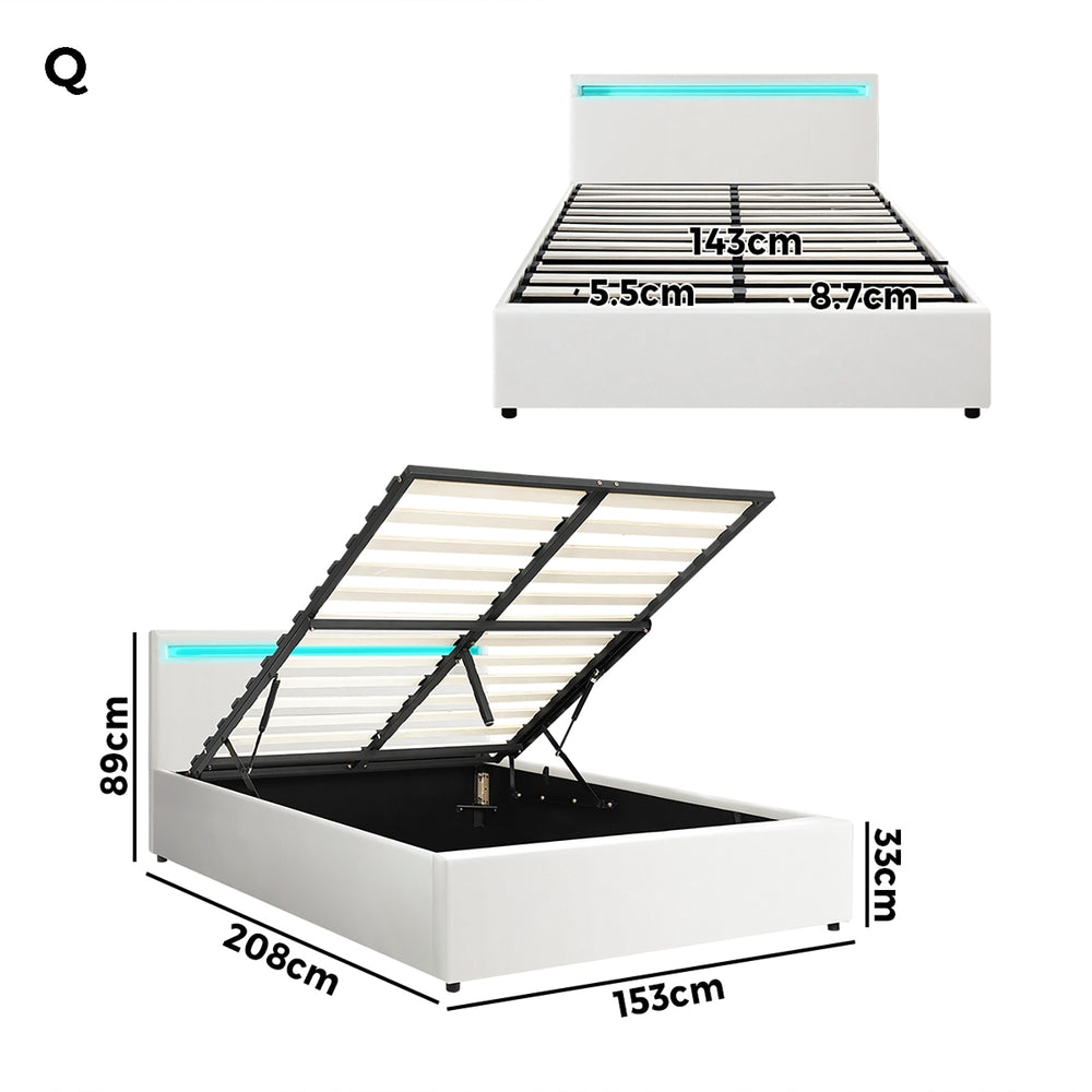 White Colson LED Gas Lift Storage Bed - Queen