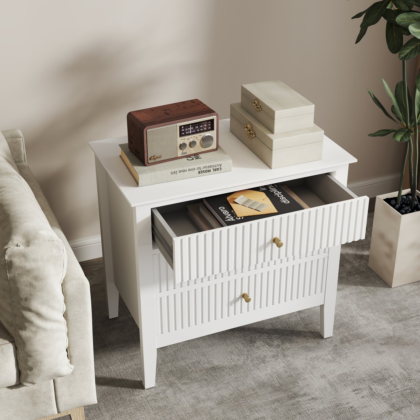 Zara Fluted Wide Bedside Table - White