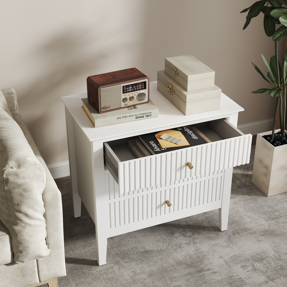 Zara Fluted Wide Bedside Table - White