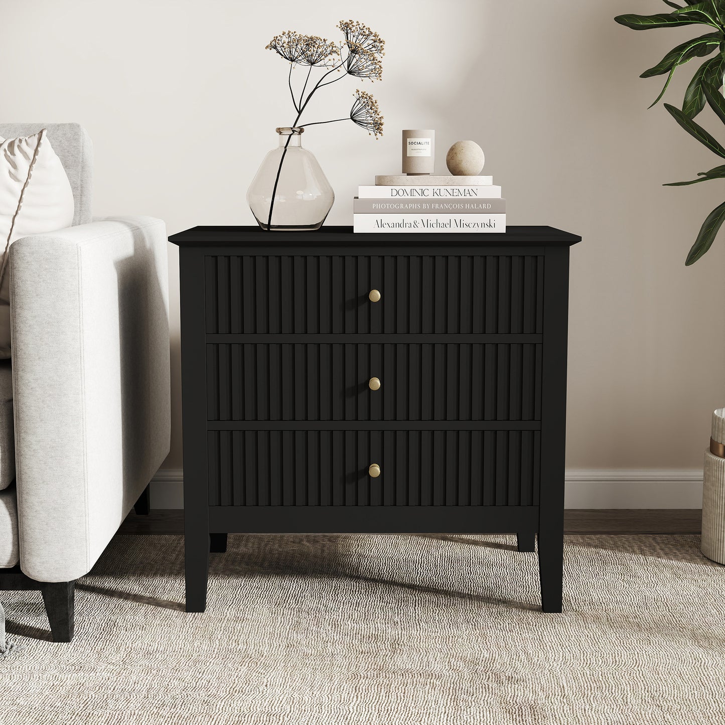 Zara Fluted Wide 3 Drawer Bedside Table - Black