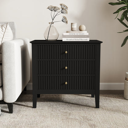 Zara Fluted Wide 3 Drawer Bedside Table - Black