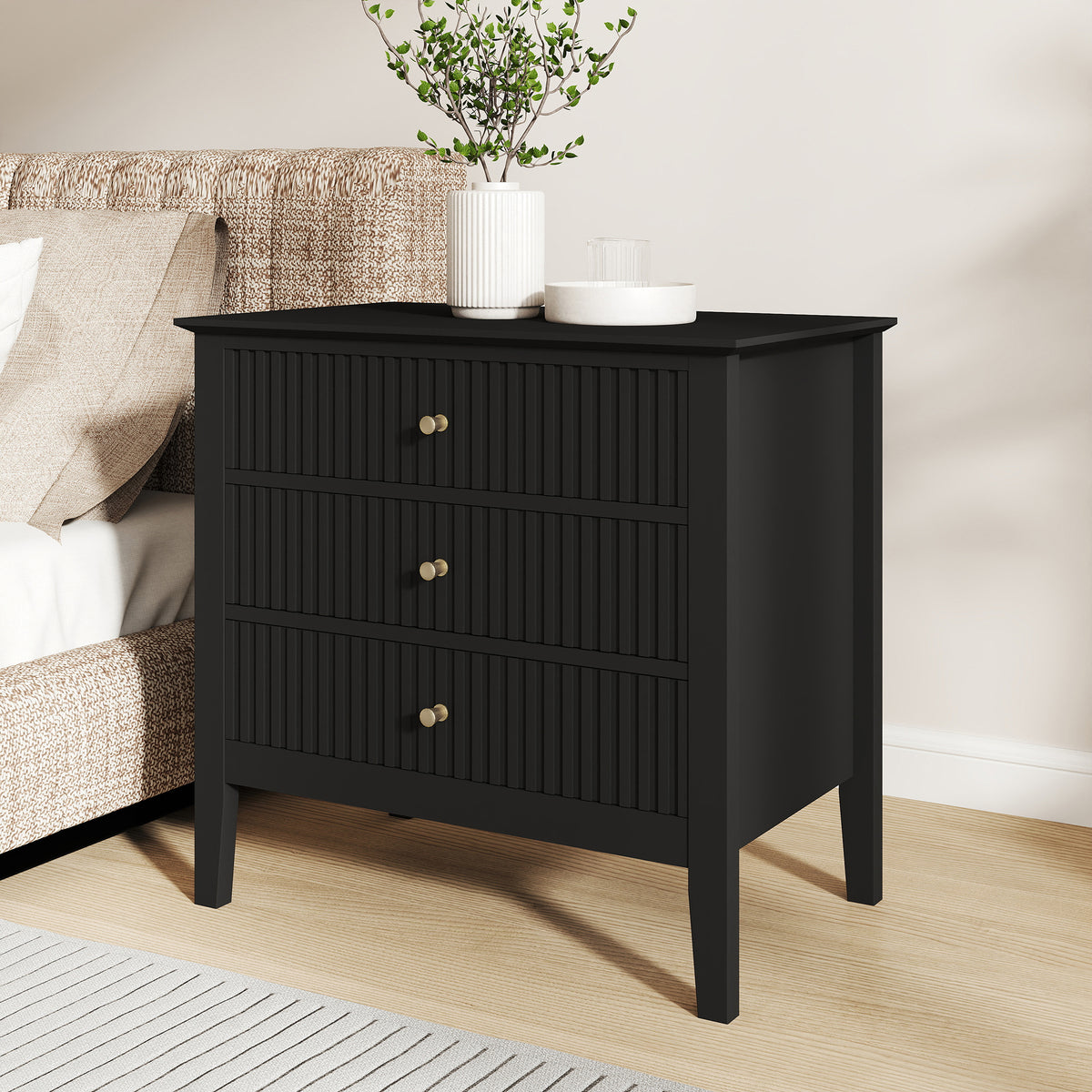 Zara Fluted Wide Bedside Table - Black