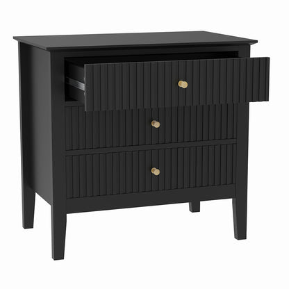 Zara Fluted Wide 3 Drawer Bedside Table - Black
