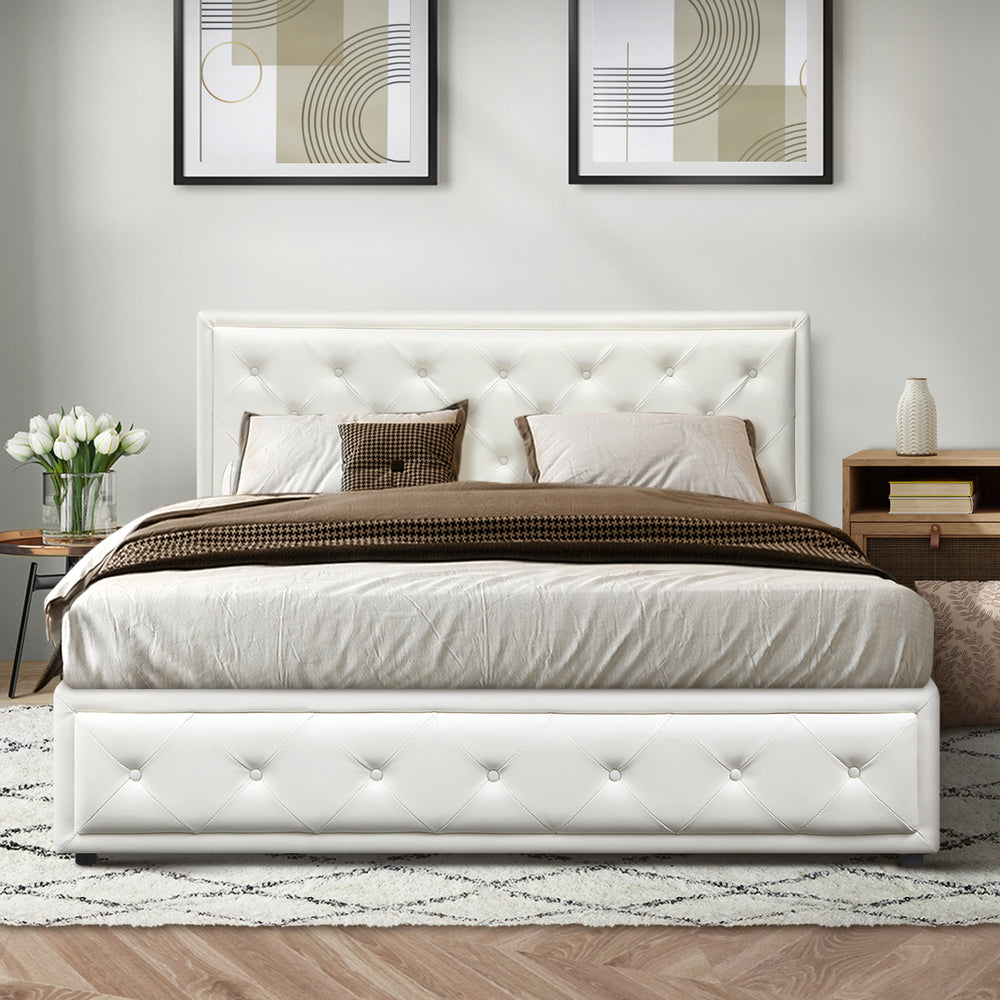 Enzo Gas Lift Bed White PU Leather