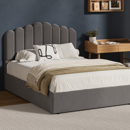 Grey Ellora Velvet Gas Lift Bed - Queen
