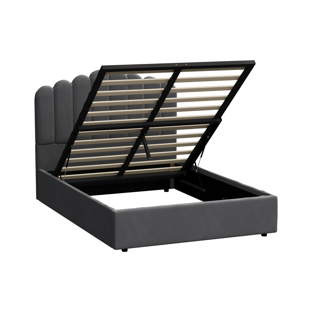 Grey Ellora Velvet Gas Lift Bed - Queen
