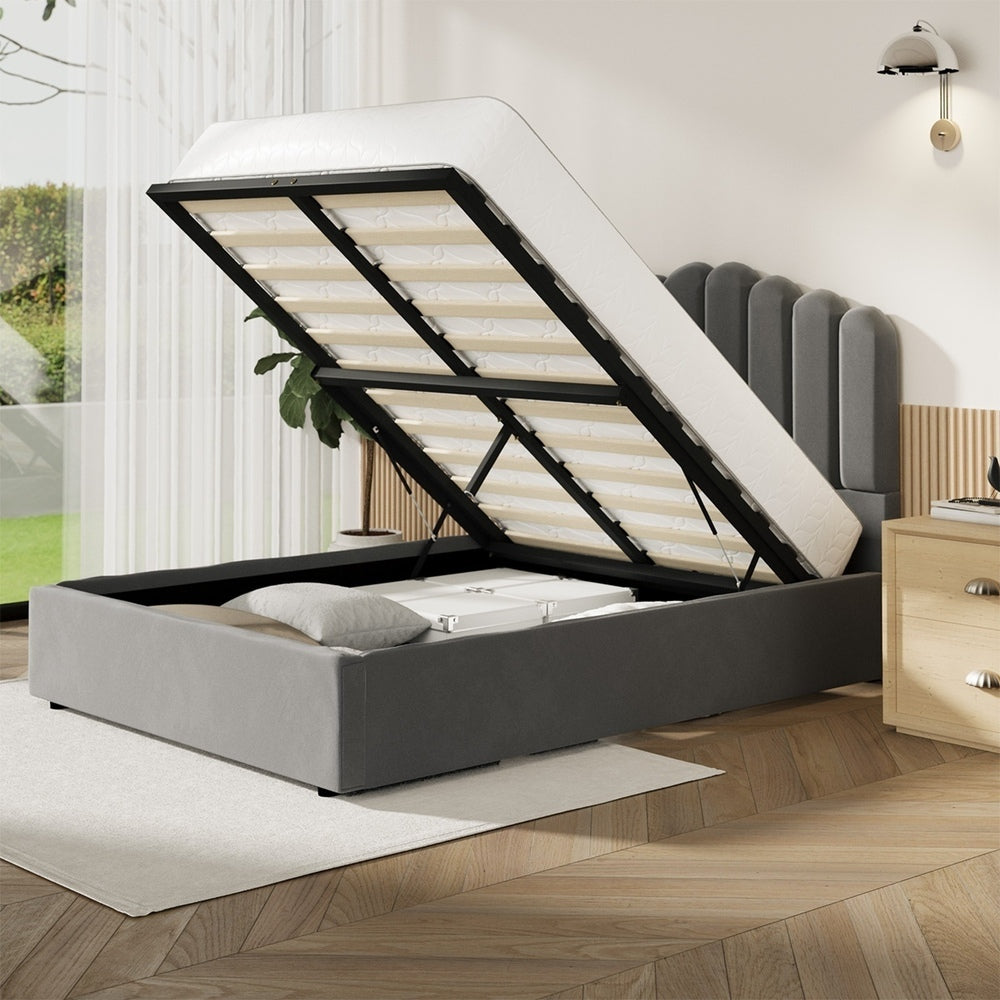 Grey Ellora Velvet Gas Lift Bed - Queen
