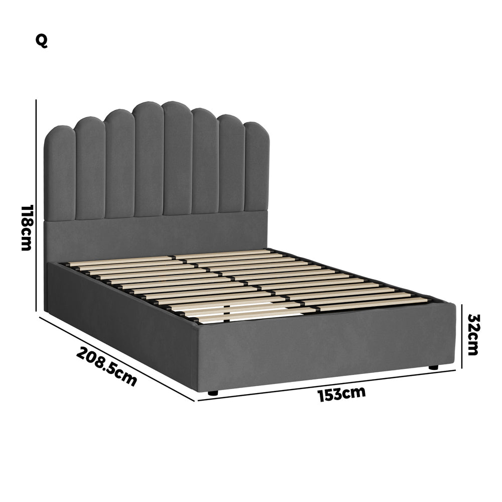 Grey Ellora Velvet Gas Lift Bed - Queen