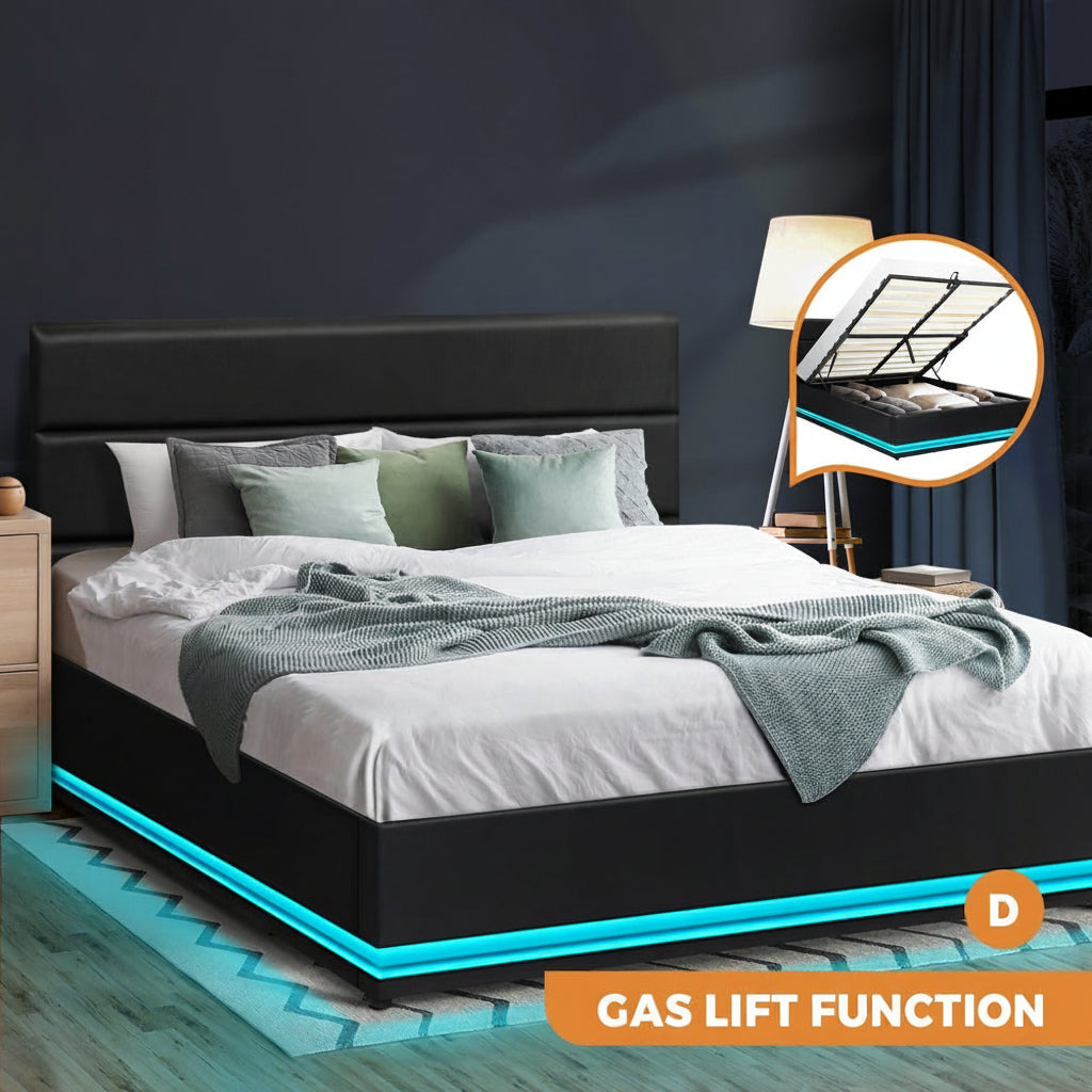 Nate Faux Leather Gas Lift Bed with LED - Double
