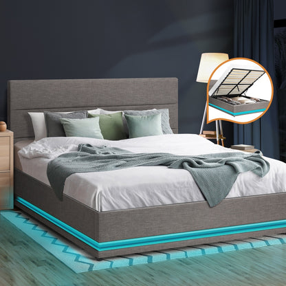Nate Grey Gas Lift Storage Bed with LED - Double