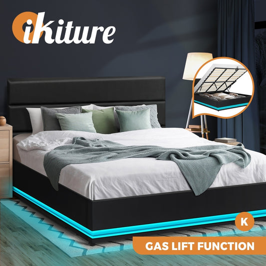 Nate Faux Leather Gas Lift Bed with LED - King