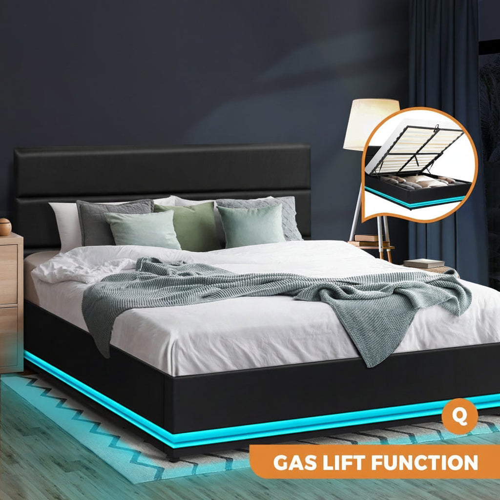 Nate Faux Leather Gas Lift Bed with LED - Queen