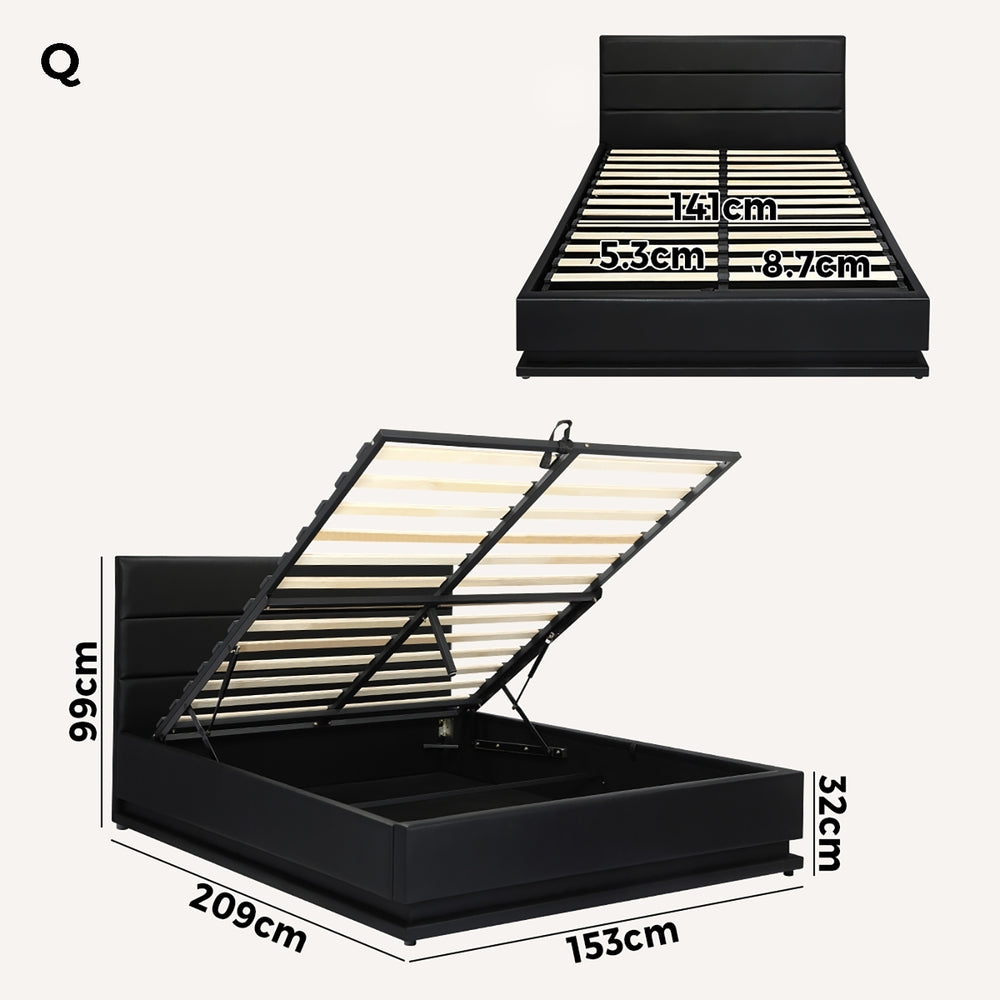 Nate Faux Leather Gas Lift Bed with LED - Queen