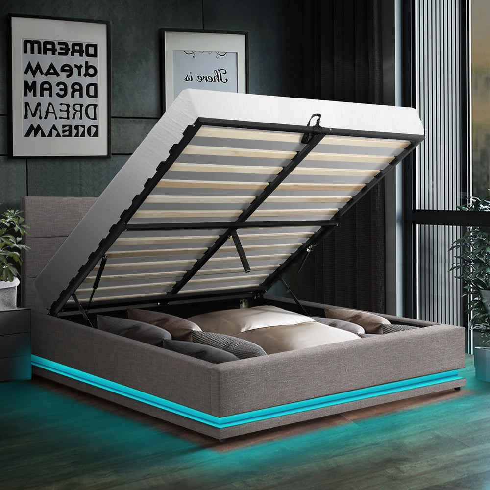 Nate Grey Gas Lift Storage Bed with LED - Queen