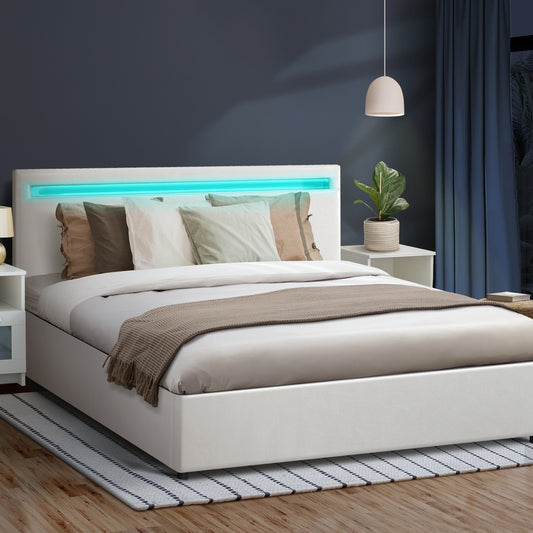 White Colson LED Gas Lift Storage Bed - Double