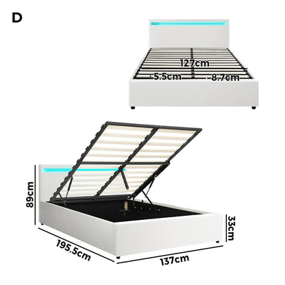 White Colson LED Gas Lift Storage Bed - Double