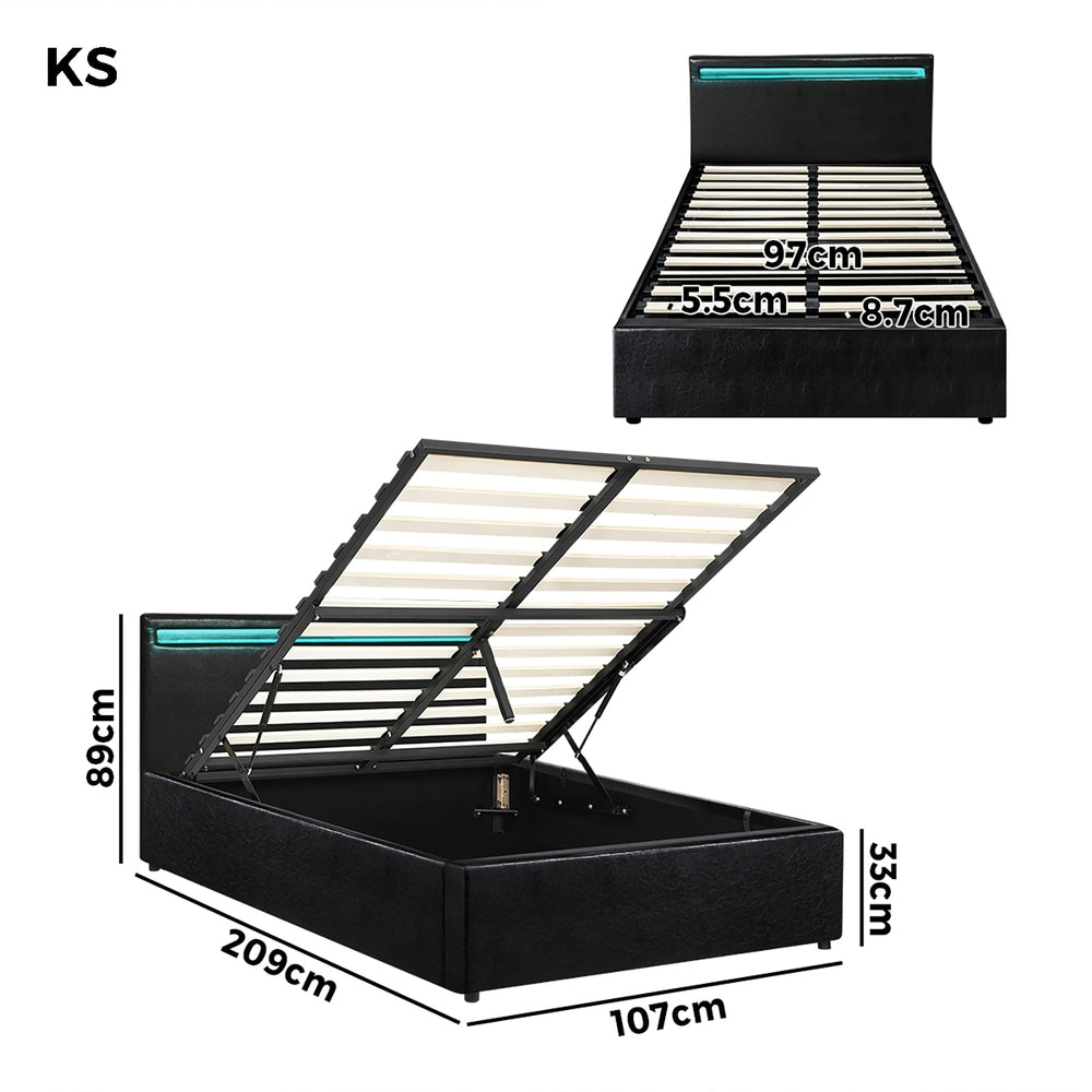 Black Colson LED Gas Lift Storage Bed - King Single