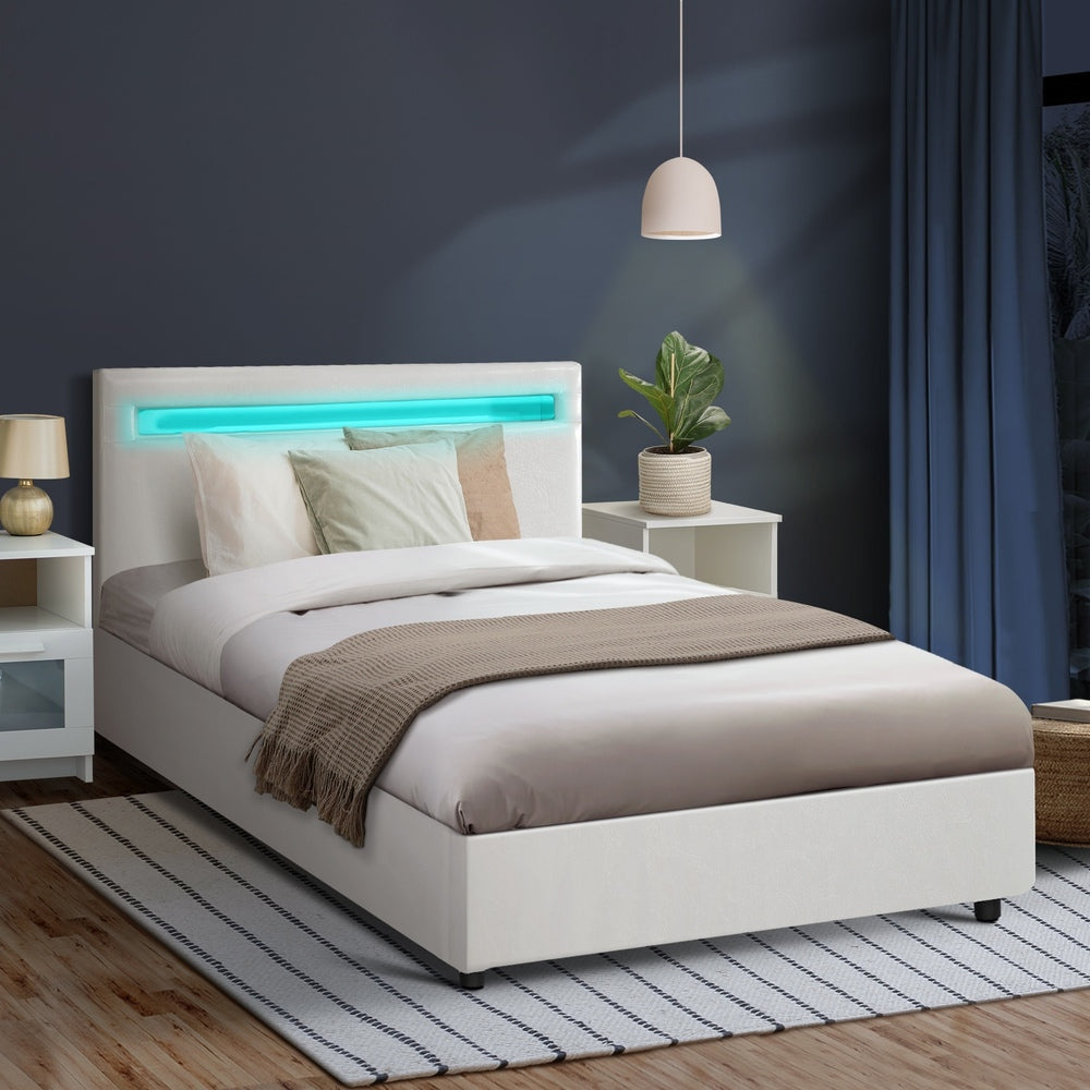 White Colson LED Gas Lift Storage Bed - King Single