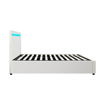 White Colson LED Gas Lift Storage Bed - King Single