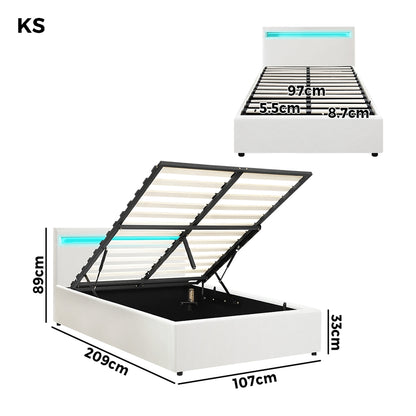 White Colson LED Gas Lift Storage Bed - King Single