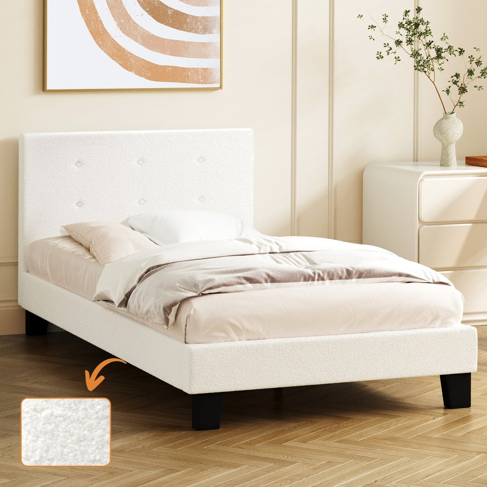 White Quiton Boucle Platform Bed - Single