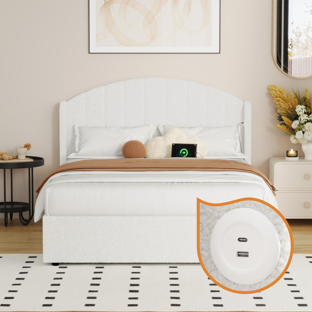Aubrey Boucle Gas Lift Bed Frame White