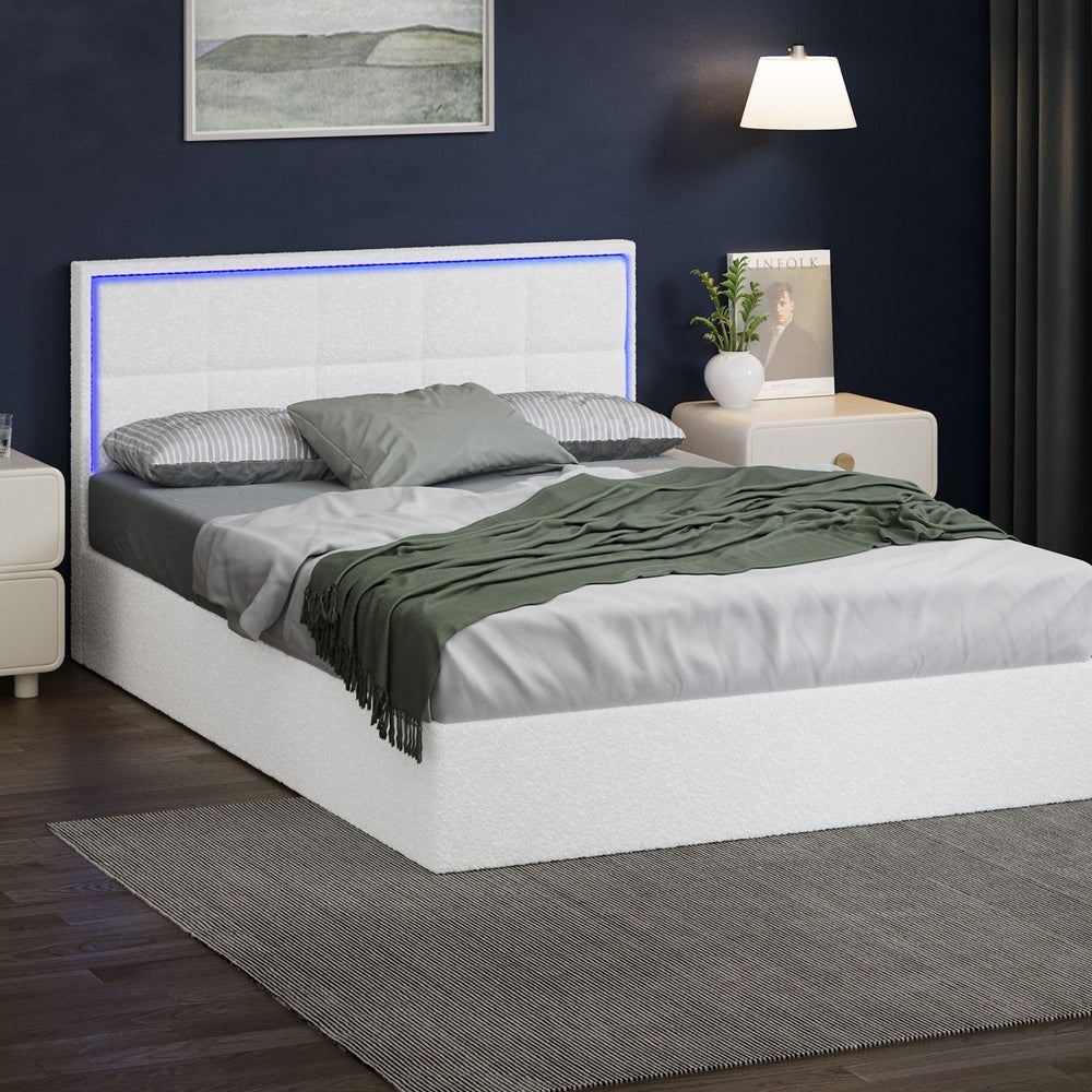 Matteo LED Gas Lift Bed White Boucle