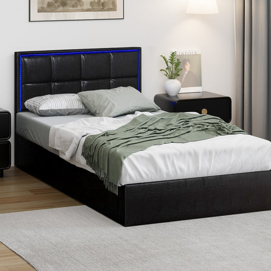 Matteo LED Gas Lift Bed Black PU Leather