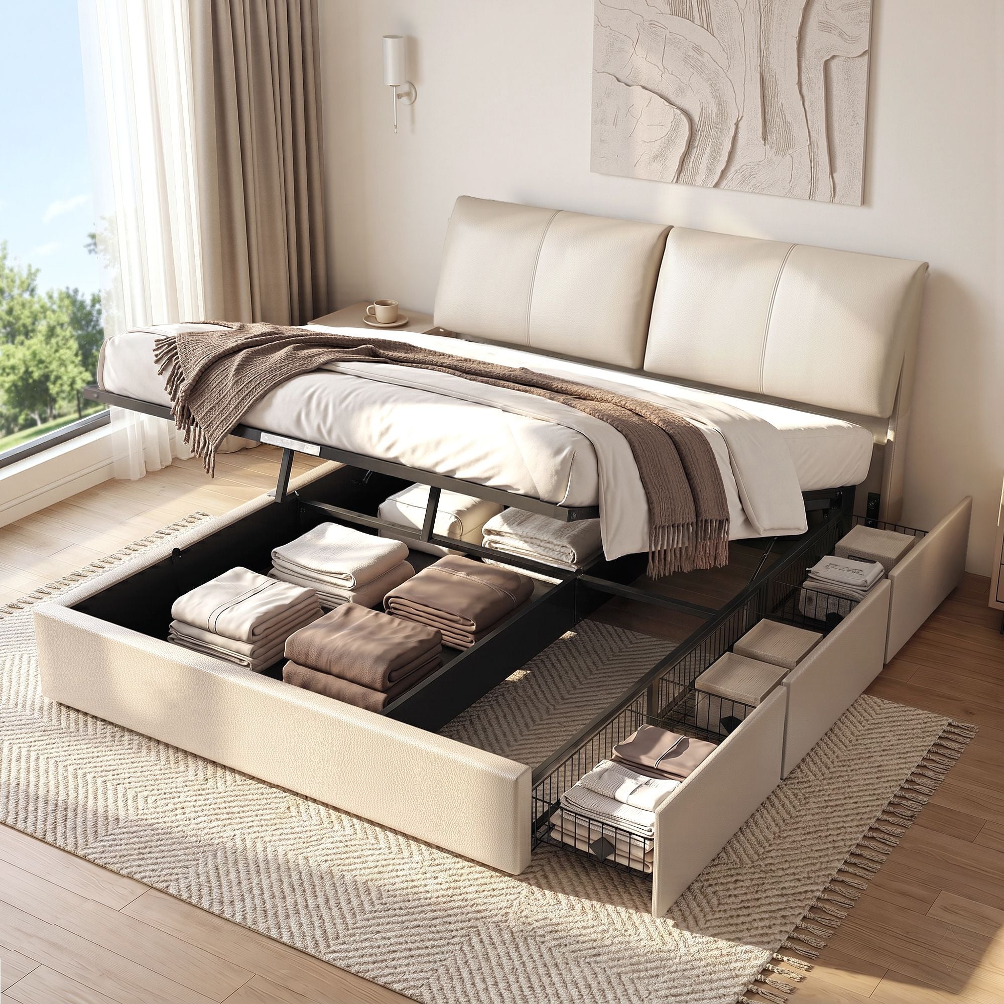 Amelia Gas lift Bed frame Beige - King