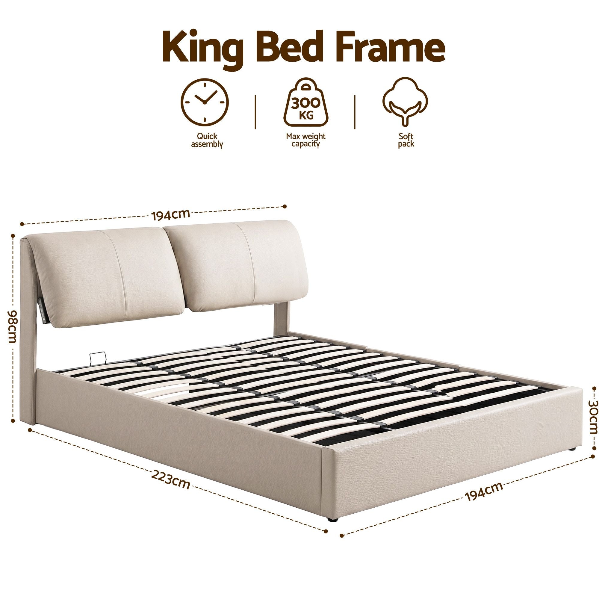 Amelia Gas lift Bed frame Beige - King