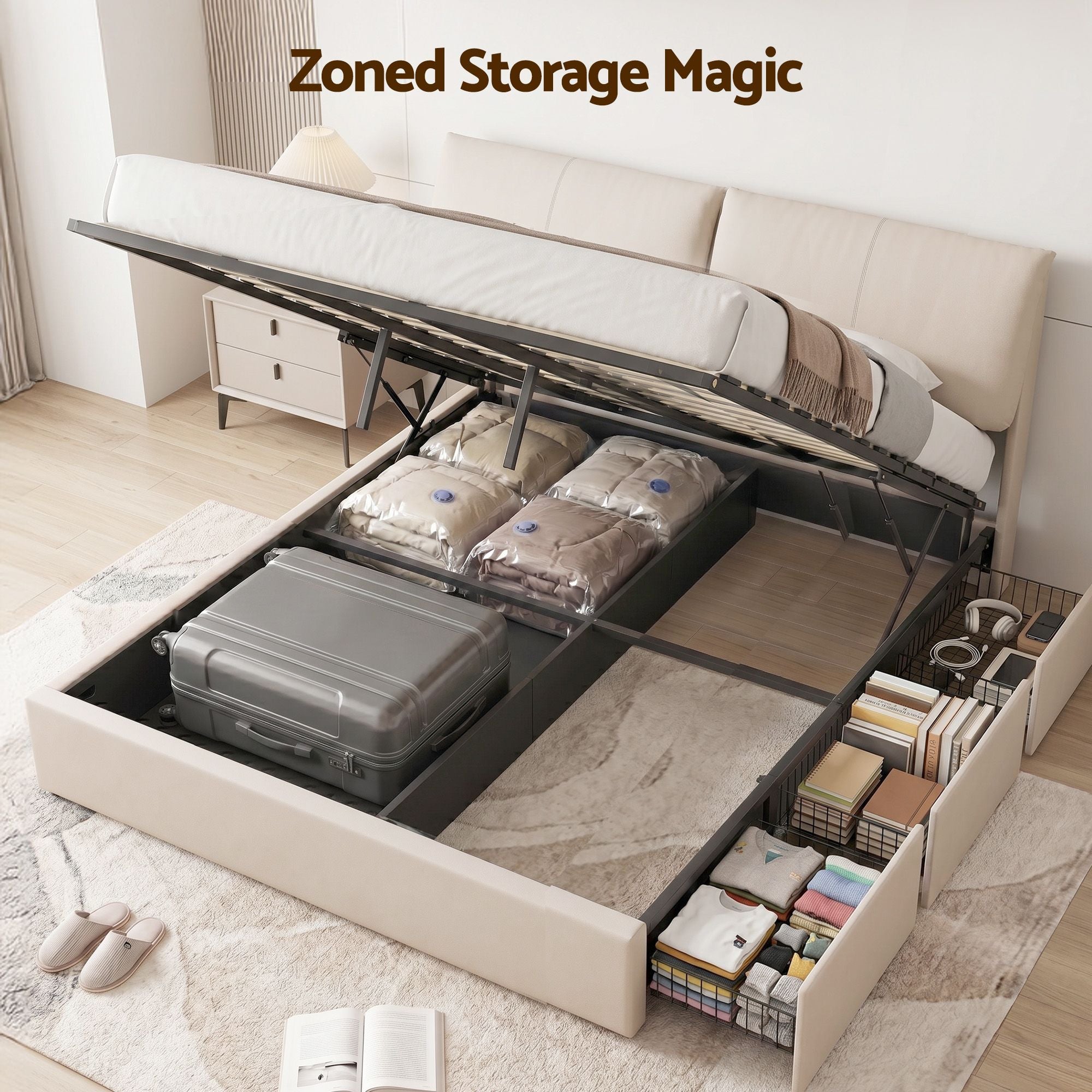 Amelia Gas lift Bed frame Beige - King