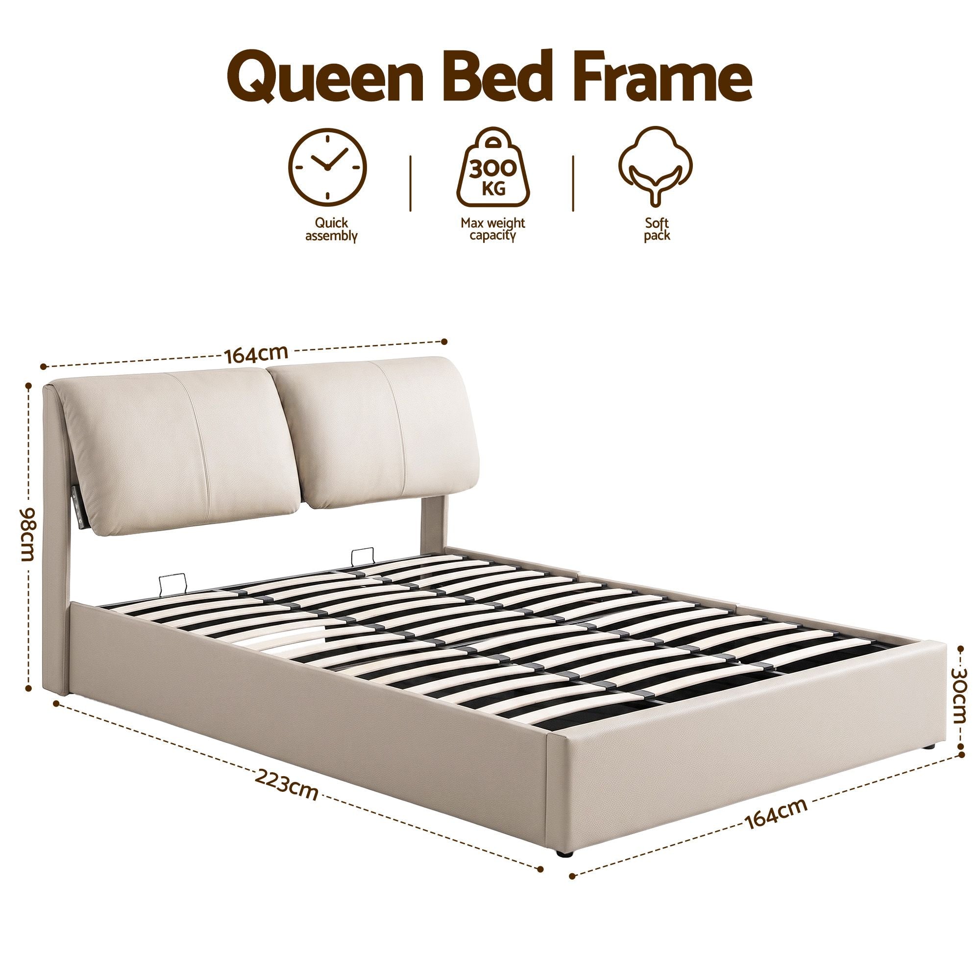 Amelia Gas lift Bed frame Beige - Queen