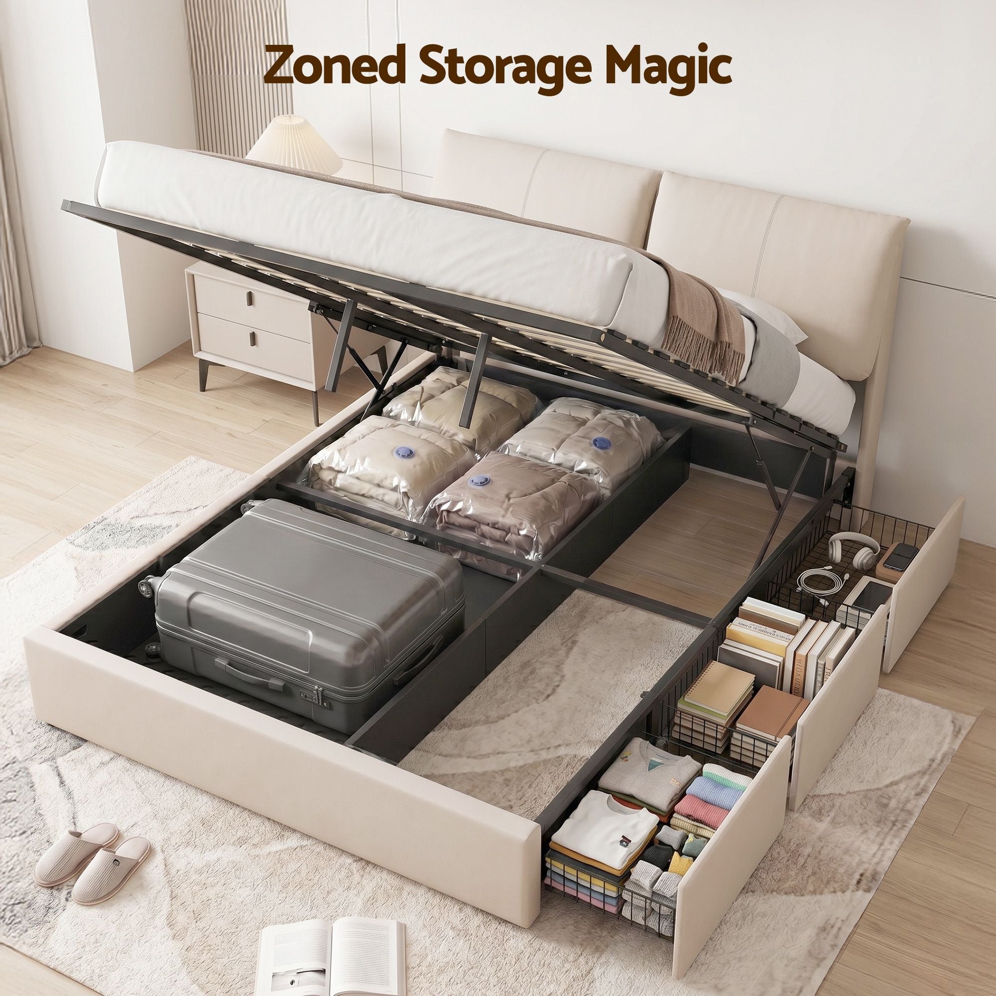 Amelia Gas lift Bed frame Beige - Queen