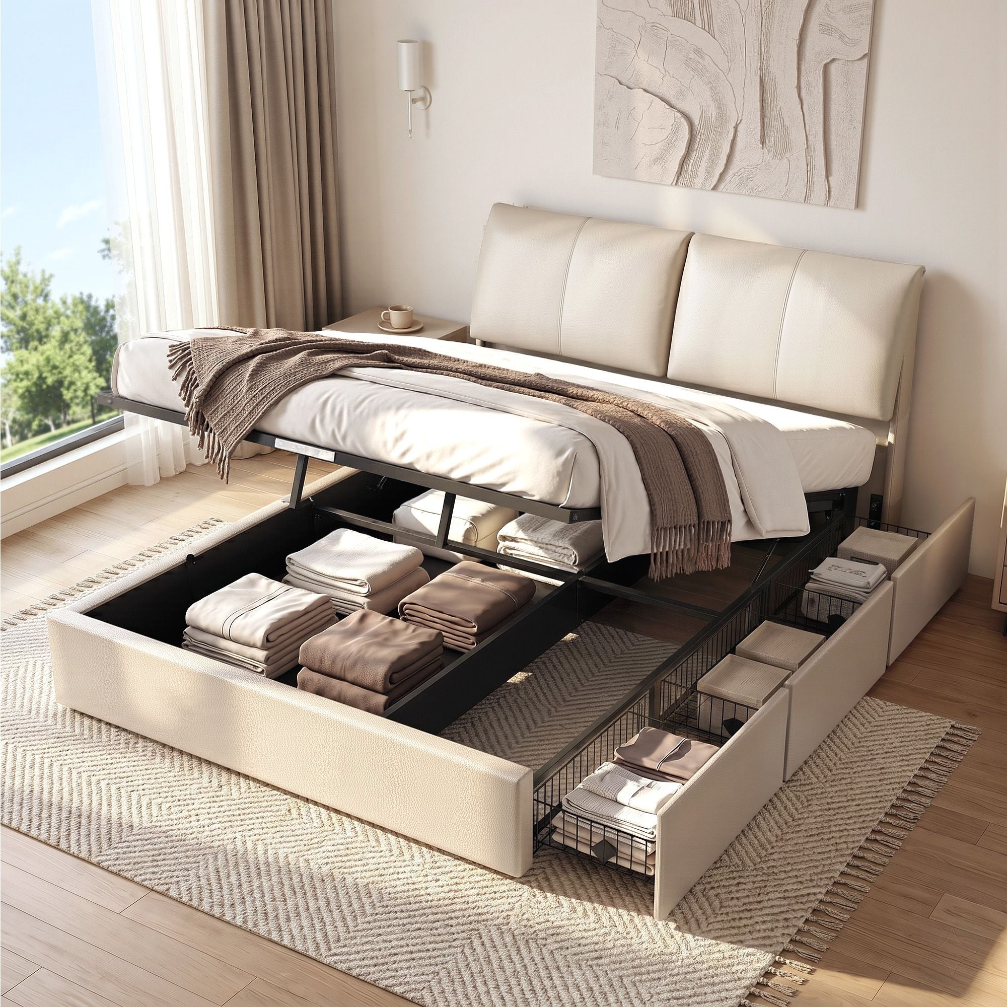 Amelia Gas lift Bed frame Beige - Queen